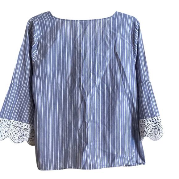 A.N.A. Lace Up Tunic Women's Size M Blue White Striped Hippie Lace Trim Cotton - Picture 6 of 7